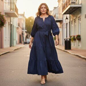 Tuckernuck Lyles Navy Cotton Puff Sleeve Tiered Maxi Dress NWT XXXL